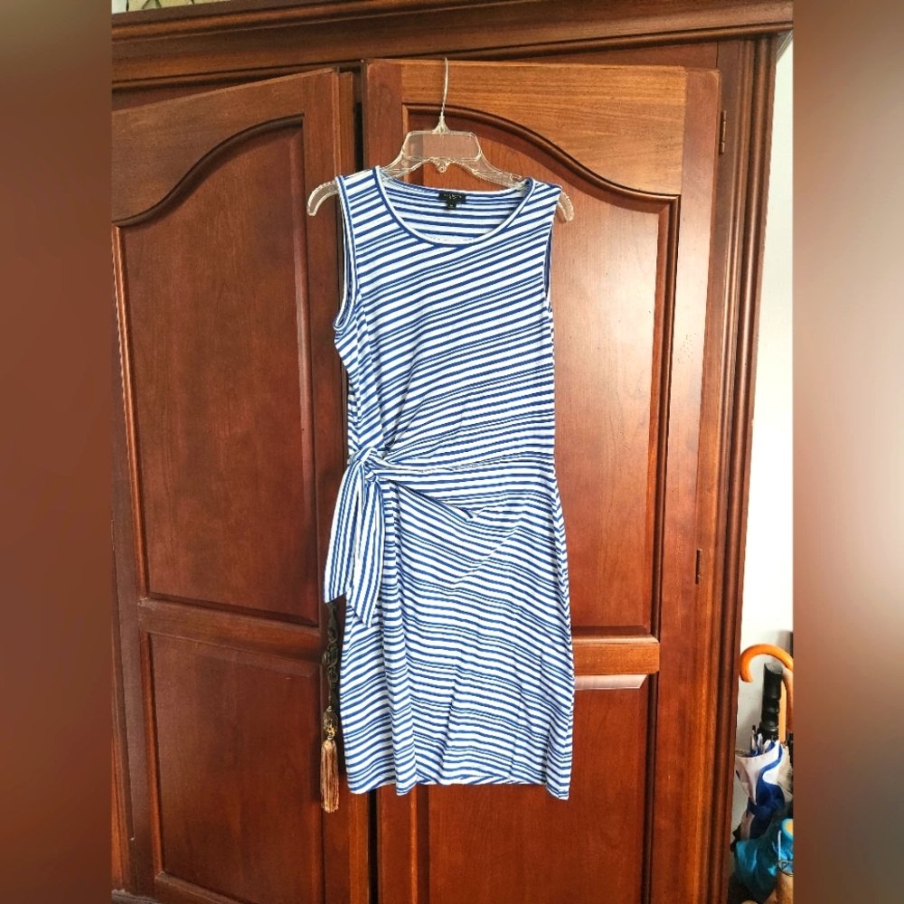 Talbots Blue and White Asymmetrical Tie Front Midi Dress